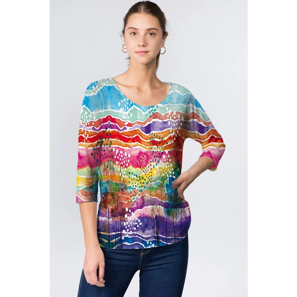 Et Lois Artsy Art to Wear Watercolor Small Blouse 3/4 Sleeve Colorful Painted